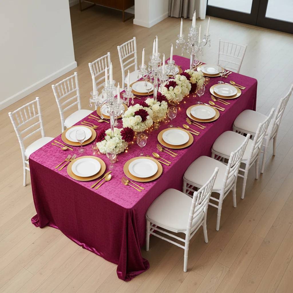 Velvet 90"x132" Rectangular Tablecloth - Magenta - Image 2