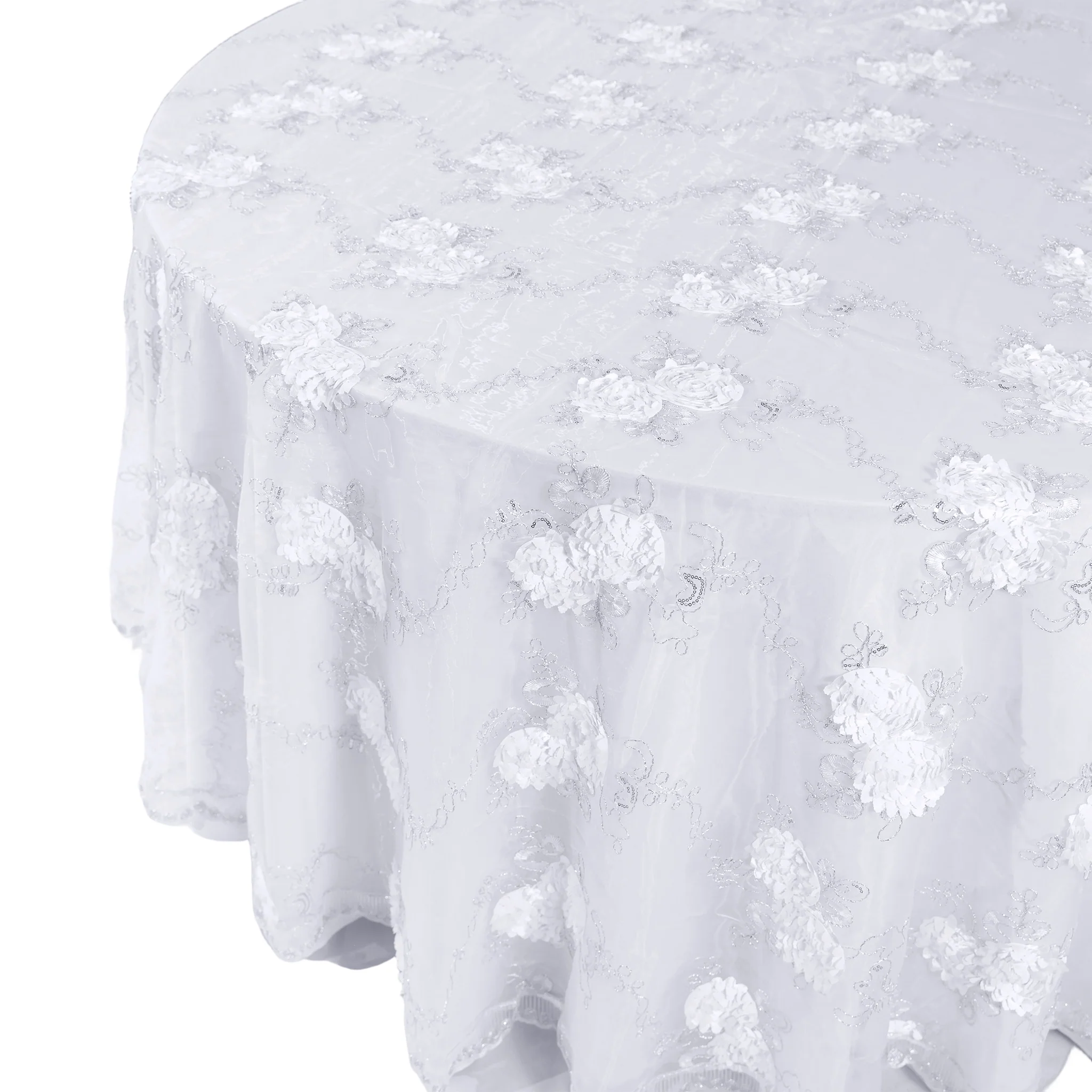Vintage Veil Embroidery 108" Round Tablecloth/Overlay Topper - White - Image 9