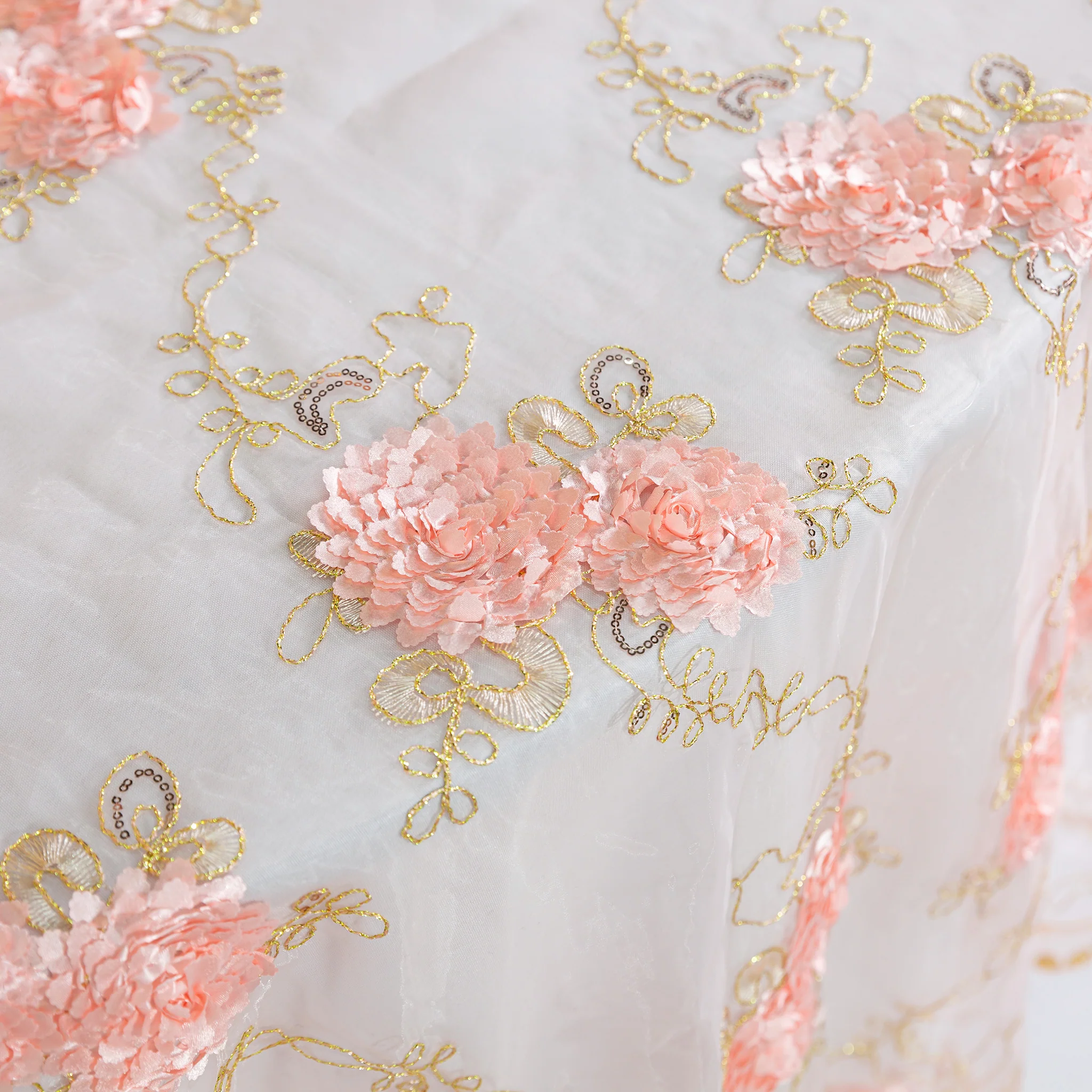 Vintage Veil Embroidery 90"x90" Square Table Overlay Topper - Blush/Rose Gold - Image 2