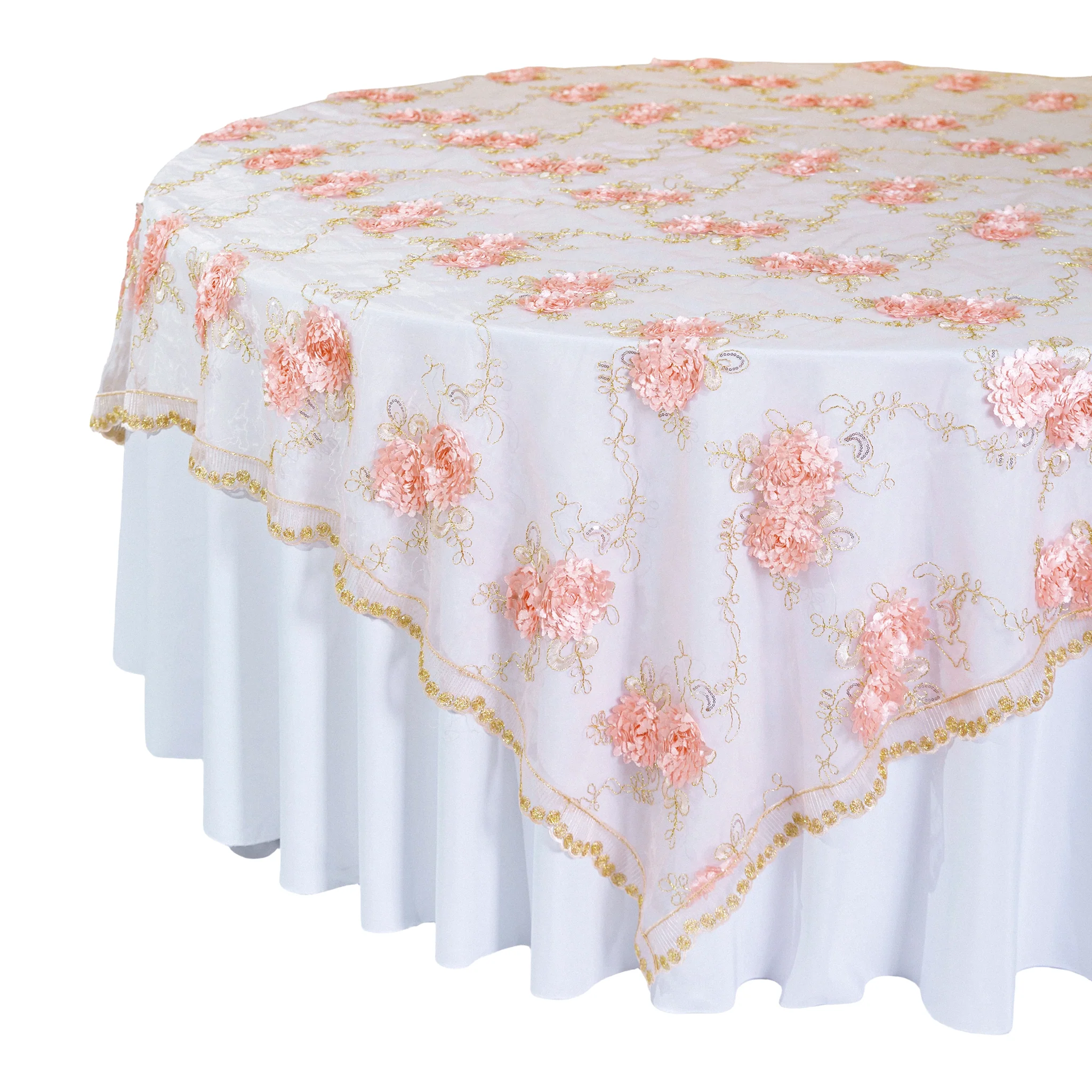 Vintage Veil Embroidery 90"x90" Square Table Overlay Topper - Blush/Rose Gold - Image 3
