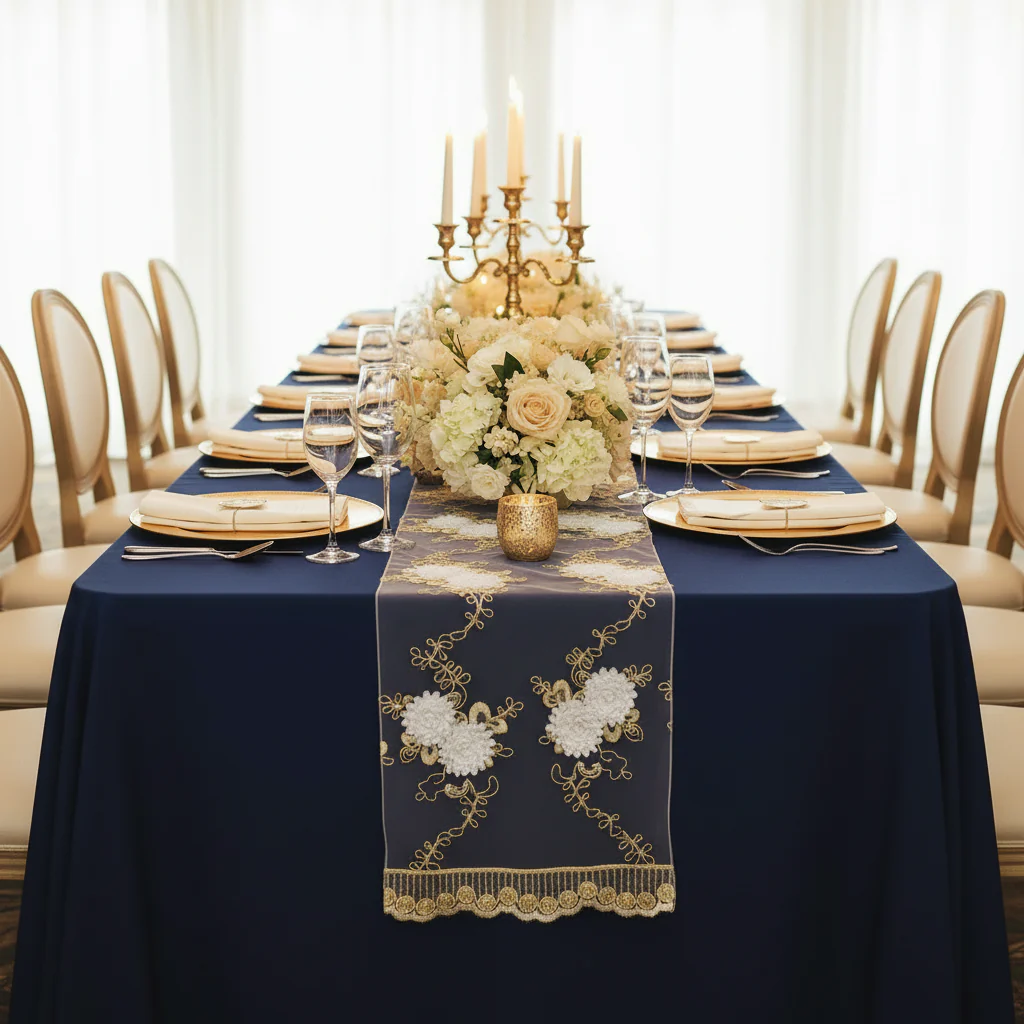 Vintage Veil Embroidery Table Runner - Gold/Ivory