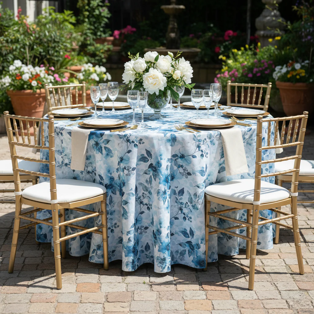 Watercolor Floral 120" Round Tablecloth - Blue - Image 3