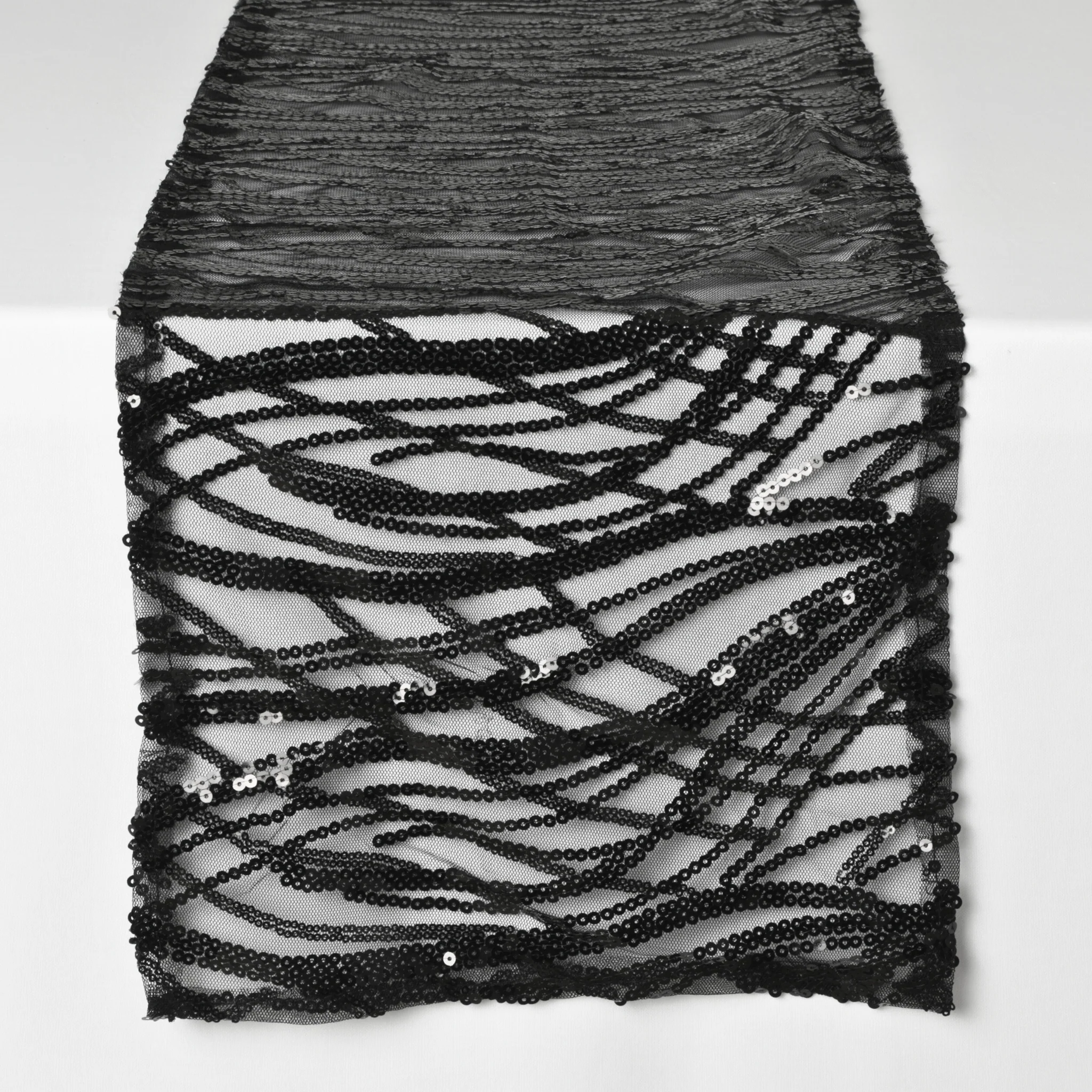 Wave Sequin Mesh Table Runner 12"x108" - Black - Image 2