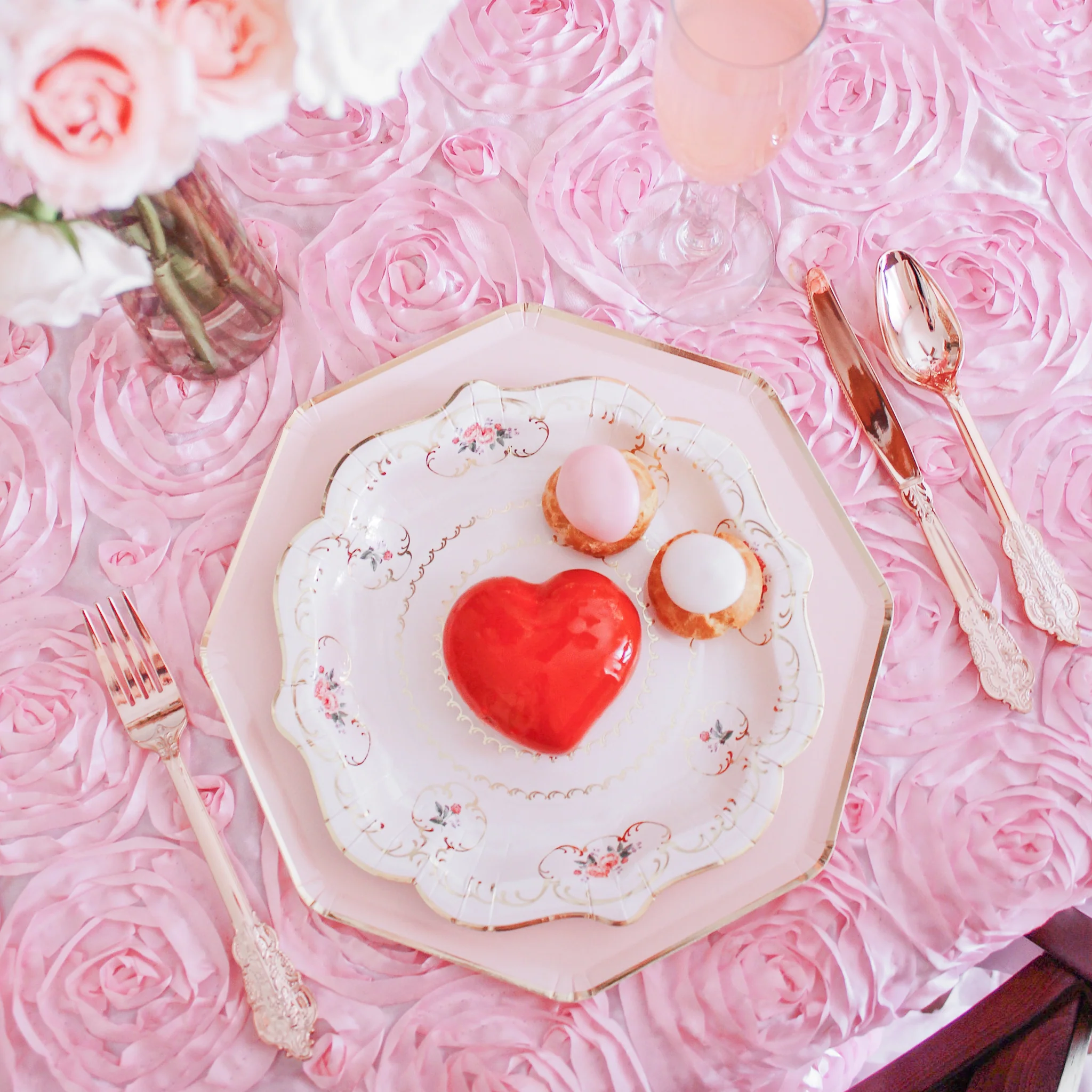 Wedding Rosette Satin 90"x156" rectangular Tablecloth - Medium Pink - Image 2